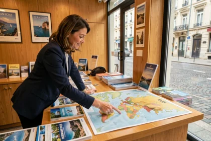 Conseillère d'une agence de voyages dans le Nord montrant une carte du monde à un client