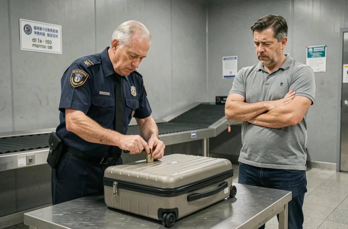 Agent de sécurité aéroportuaire forçant le cadenas d'une valise sous le regard inquiet d'un voyageur lors d'une inspection bagages