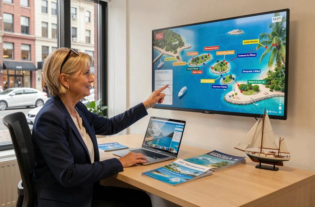 Agente de voyage présentant une carte d'itinéraire de croisière aux Caraïbes dans une agence moderne