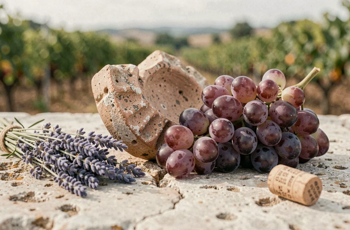Nature morte avec un tesson d'amphore romaine et des raisins Grenache mûrs sur une table en calcaire dans un vignoble du Vaucluse
