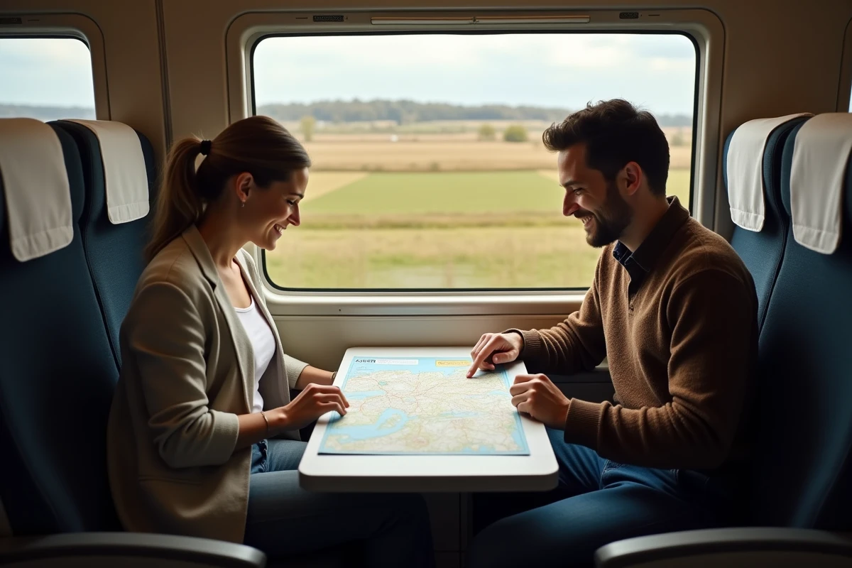 Deux amis dans le train Amtrak Acela étudiant une carte du trajet New York Boston lors d'un voyage économique