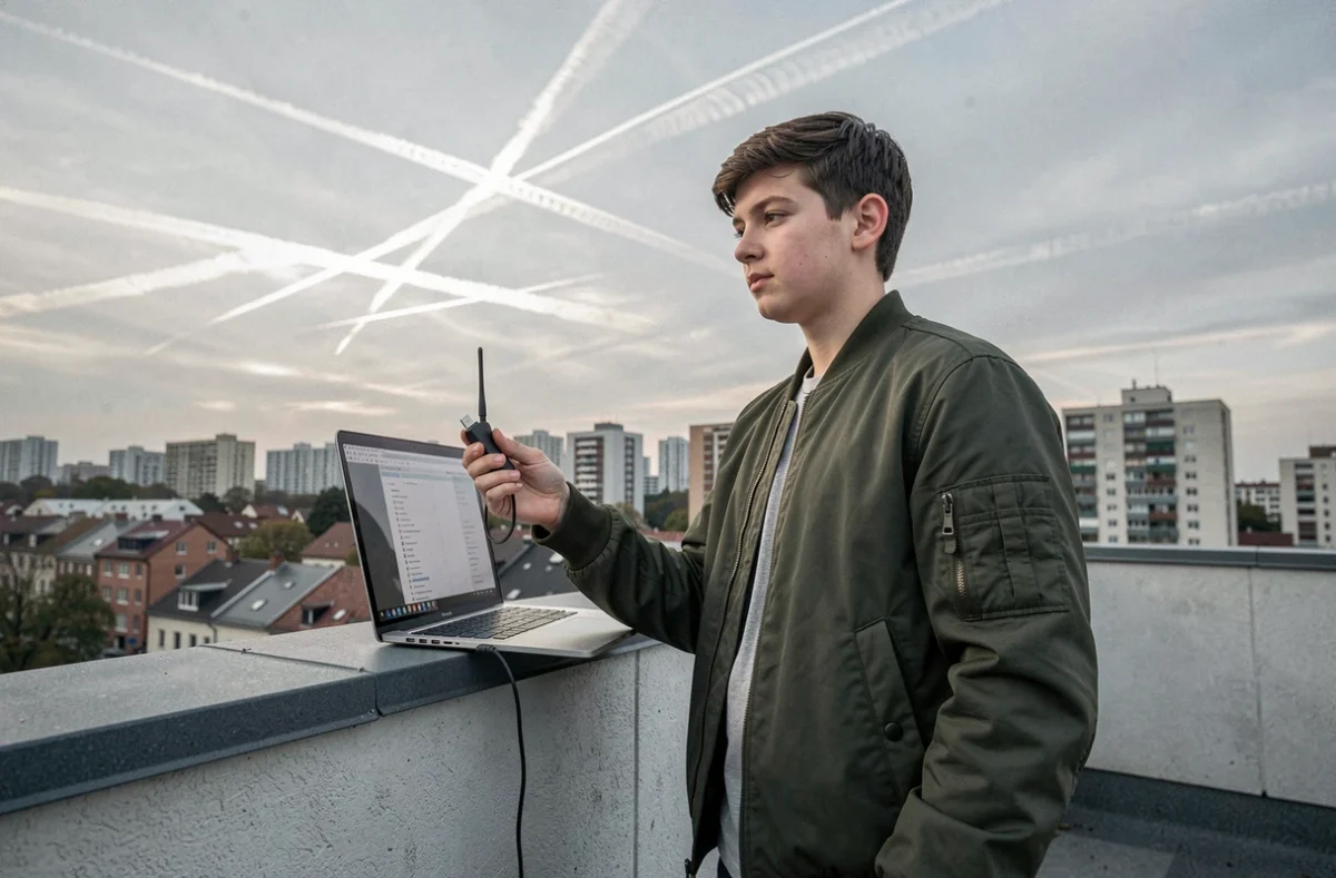 Un jeune passionné d'aviation capte des signaux ADS-B avec une antenne USB sur une terrasse urbaine pour suivre les avions en direct