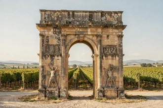 Arc de triomphe romain en pierre calcaire dorée avec des vignobles du Vaucluse s'étendant à l'arrière-plan sous un ciel provençal