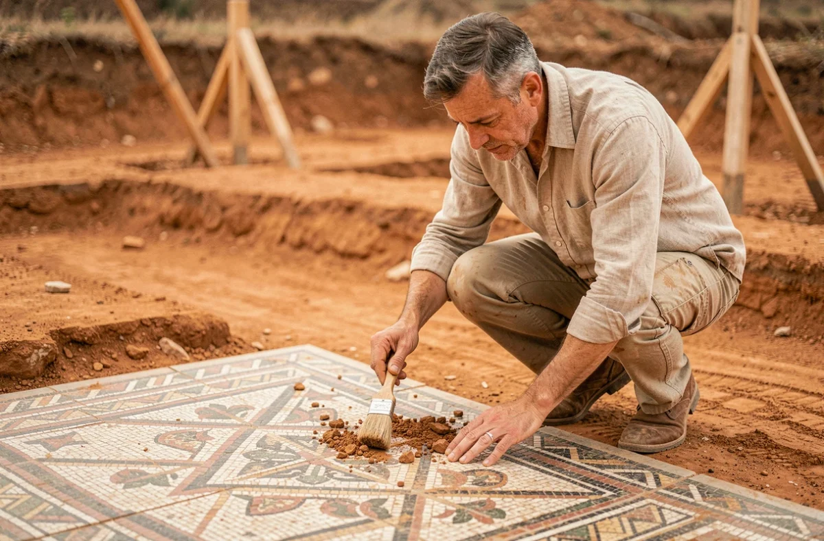 Archéologue examinant une mosaïque romaine lors de fouilles en Vaucluse, fragments de carrelage géométrique mis au jour dans un sol ocre
