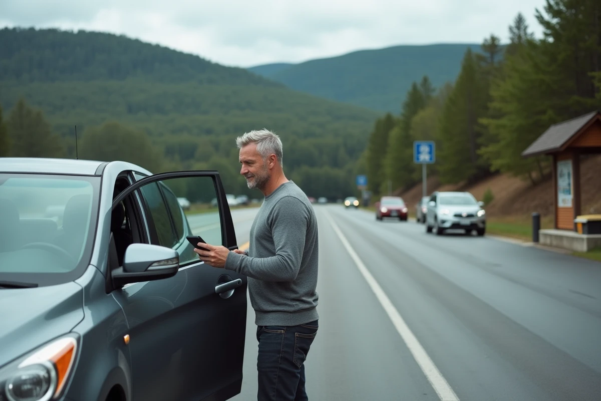 Homme consultant son téléphone lors d'une pause routière sur le trajet Montréal vers New York, voyage en voiture sur l'I-87