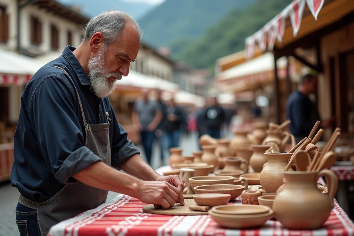 Artisan basque présentant ses poteries et ustensiles en bois sculptés sur un étal de marché traditionnel au Pays Basque