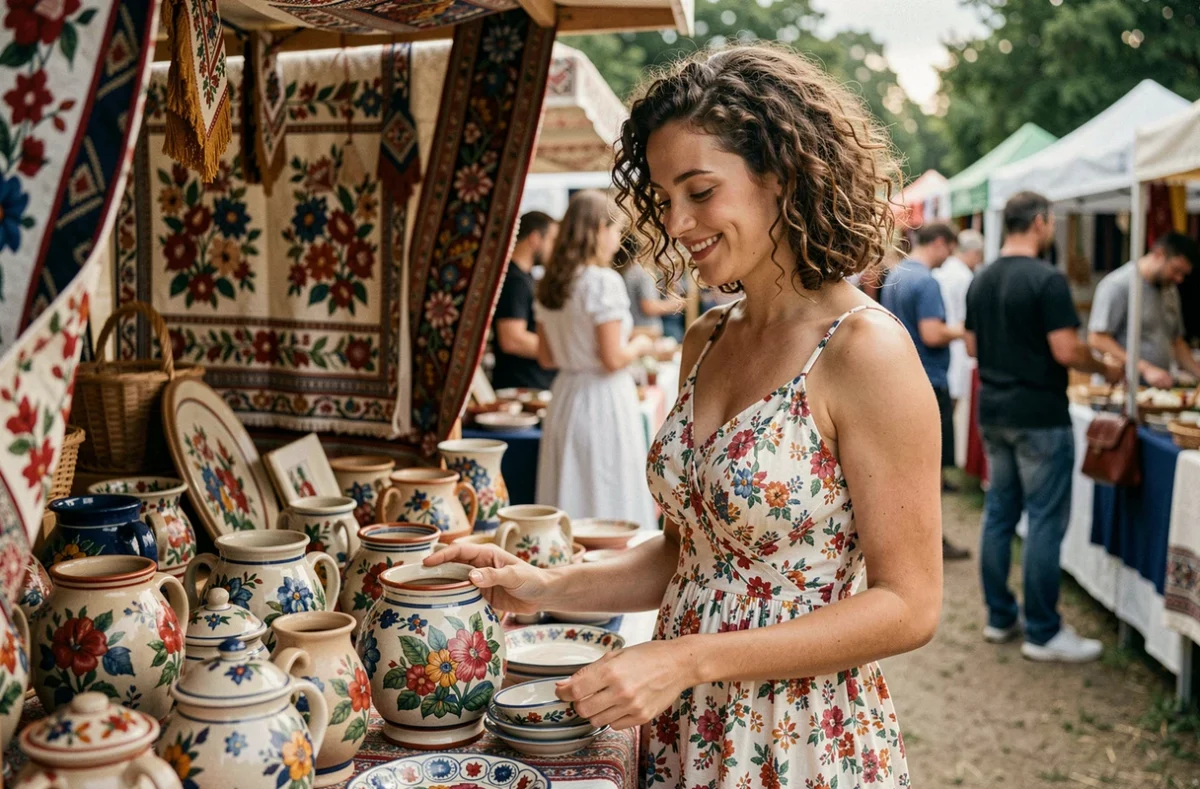 Jeune femme découvrant des céramiques artisanales à un stand lors d'un festival culturel d'été