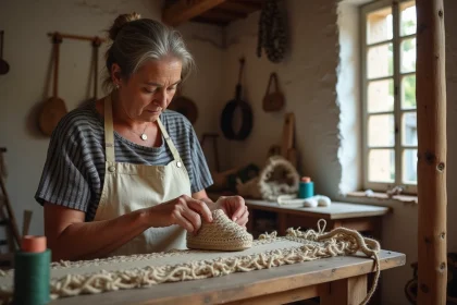 Artisane basque tissant une espadrille traditionnelle dans son atelier en pierre avec des fils colorés et de la corde de jute
