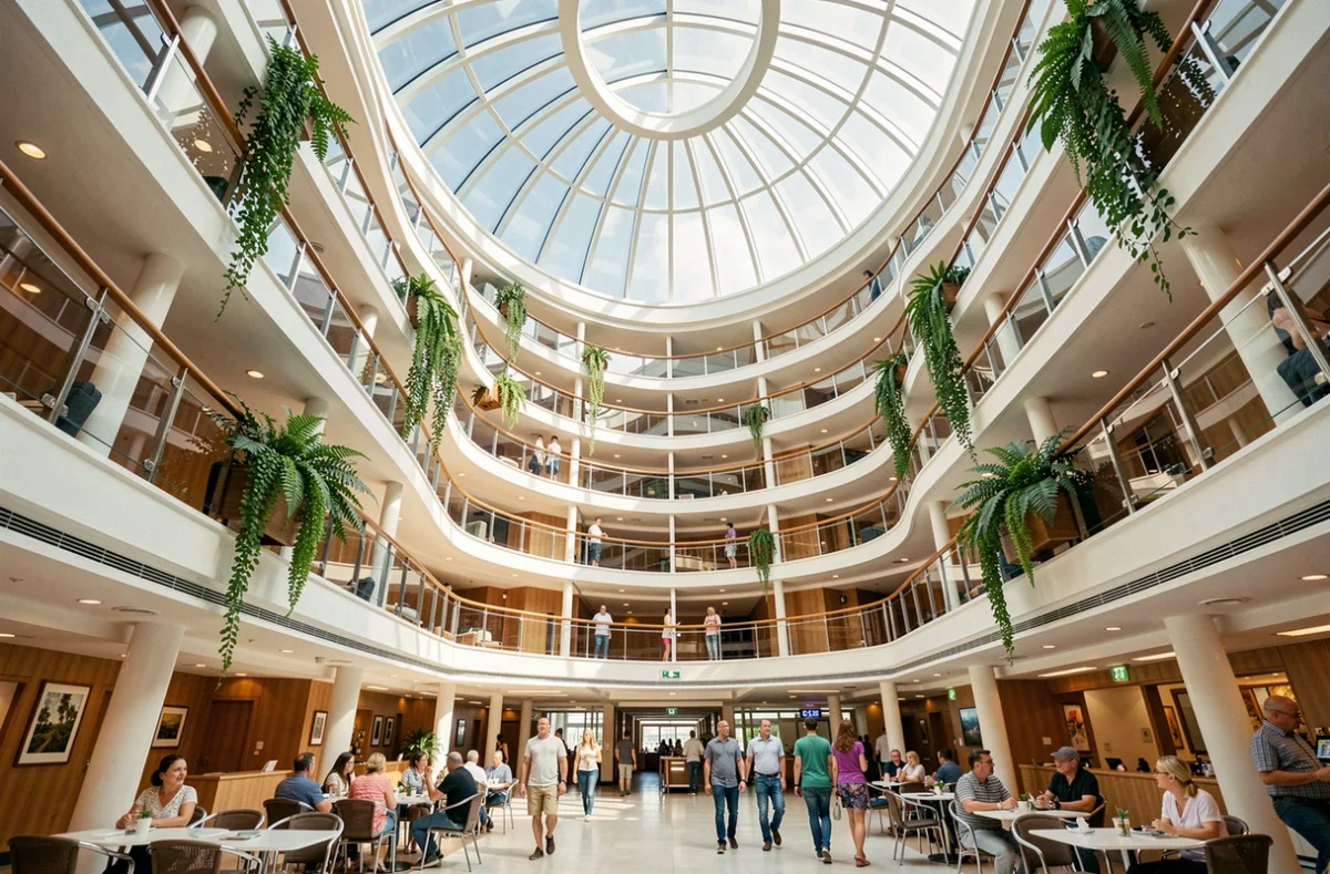 Atrium intérieur spectaculaire d'un grand bateau de croisière moderne avec balcons et végétation tropicale