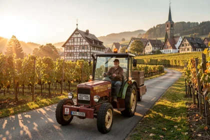 Autocar sur une route de vignoble alsacien au soleil couchant