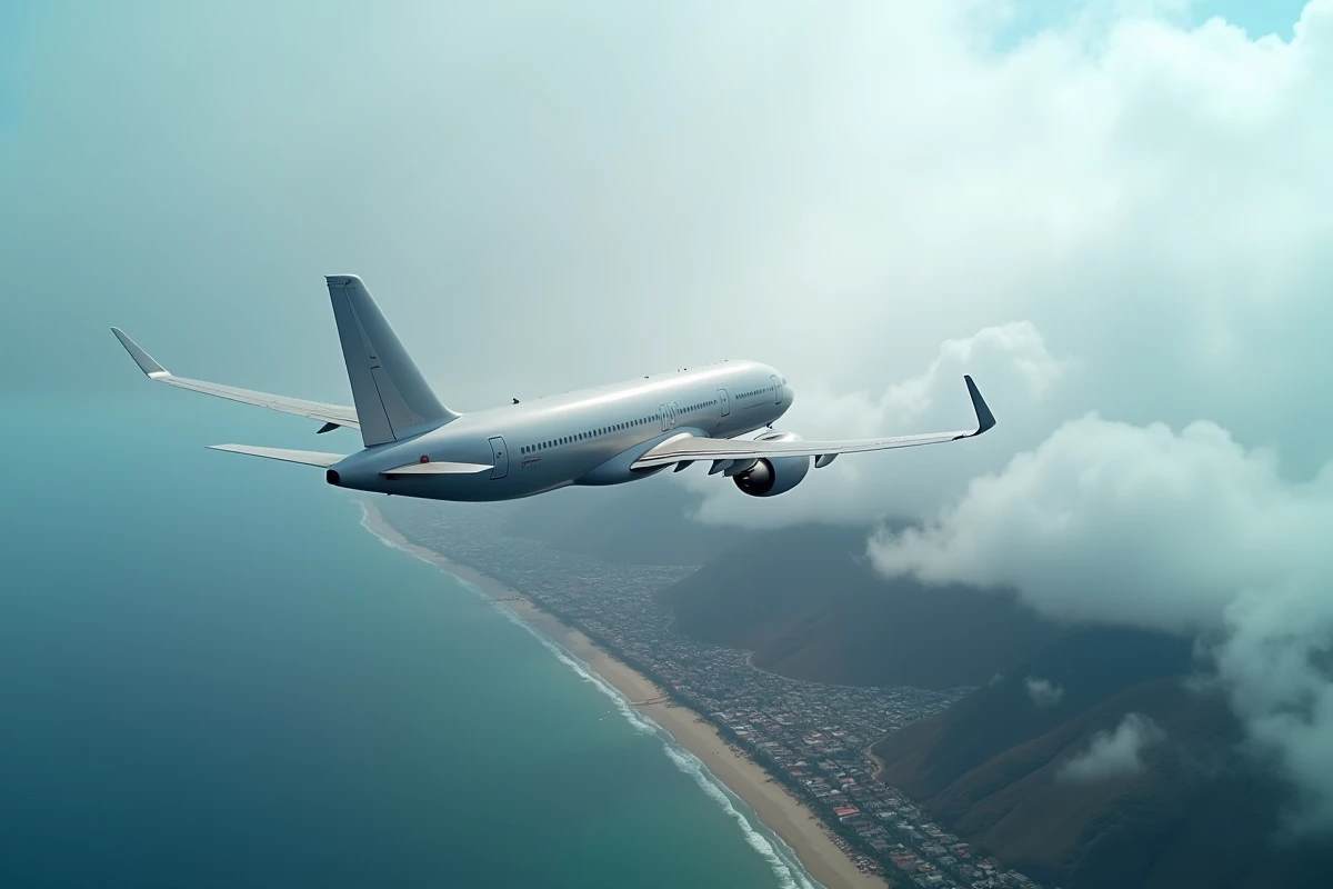 Avion commercial survolant la côte californienne entre Los Angeles et San Francisco symbolisant la durée du vol