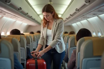 Femme rangeant un bagage cabine dans le compartiment supérieur d'un avion low-cost en 2026
