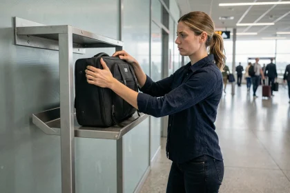 Passagère vérifiant les dimensions de son bagage à main dans le cadre de mesure d'un aéroport Volotea