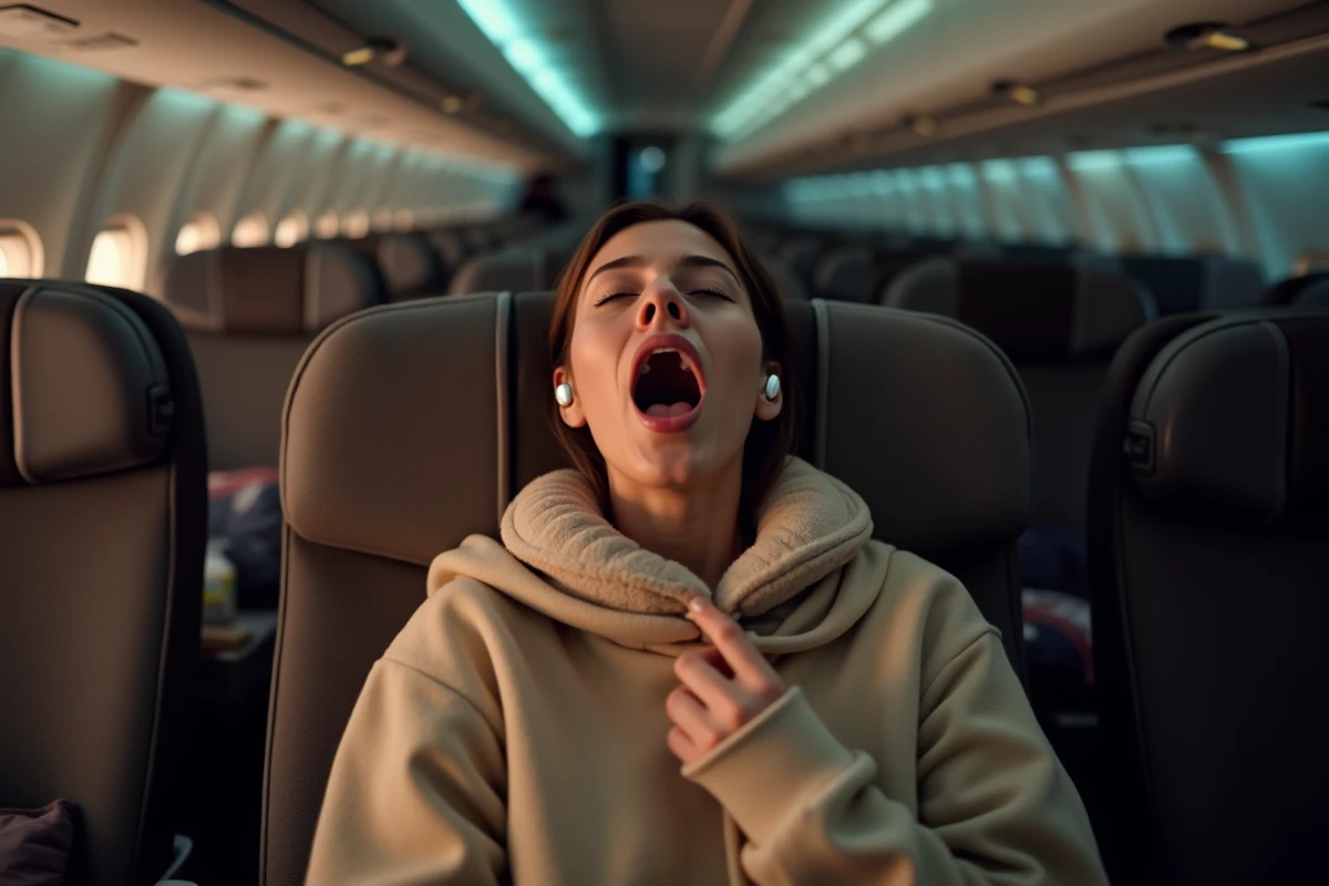 Jeune femme qui bâille dans un avion pour équilibrer la pression dans les oreilles pendant le vol