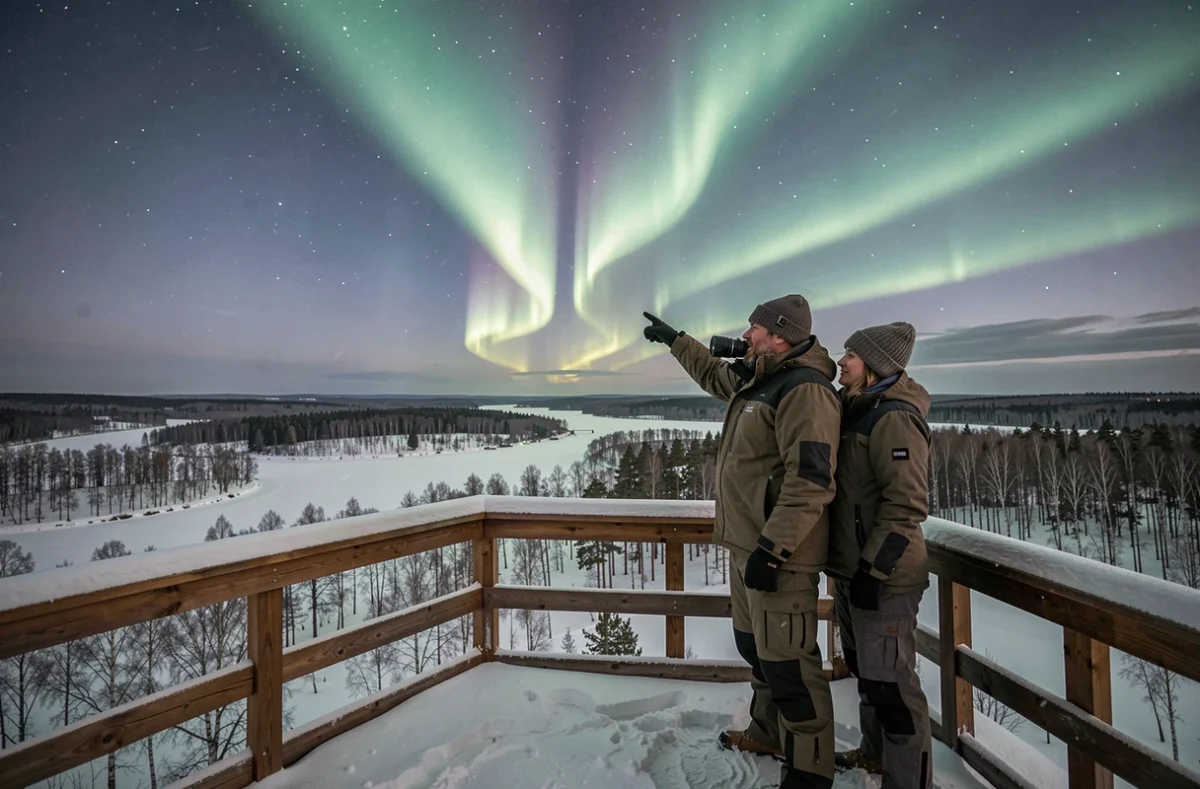 Couple en amoureux observant les aurores boréales depuis un belvédère en bois en Finlande enneigée