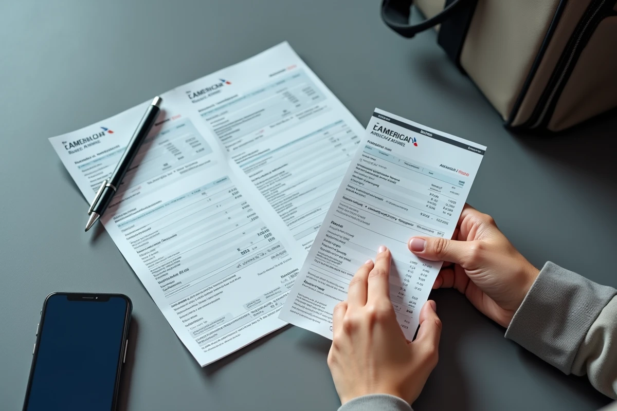 Gros plan sur un billet d'avion American Airlines tenu à la main avec un smartphone affichant une application de voyage pour vérifier les détails d'une réservation