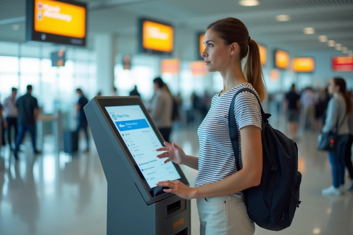 Jeune femme utilisant une borne libre-service d'aéroport pour modifier son billet d'avion sans frais supplémentaires