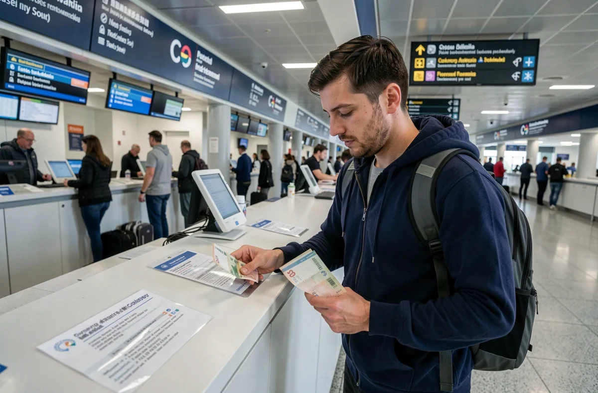 Voyageur comptant son argent local au comptoir de change d'un aéroport international pour son voyage OneStrip