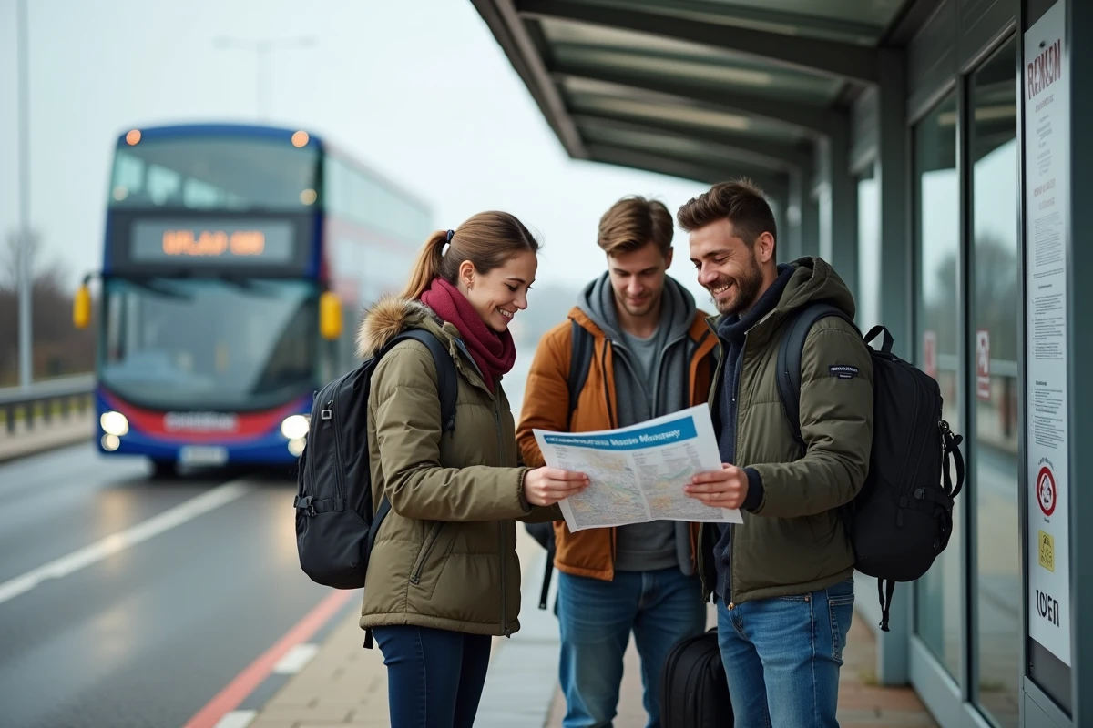 Groupe de voyageurs attendant le bus National Express devant le terminal sud de l'aéroport de Gatwick