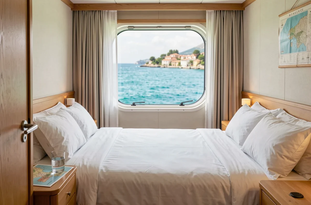 Cabine de croisière confortable avec hublot donnant sur une baie méditerranéenne turquoise