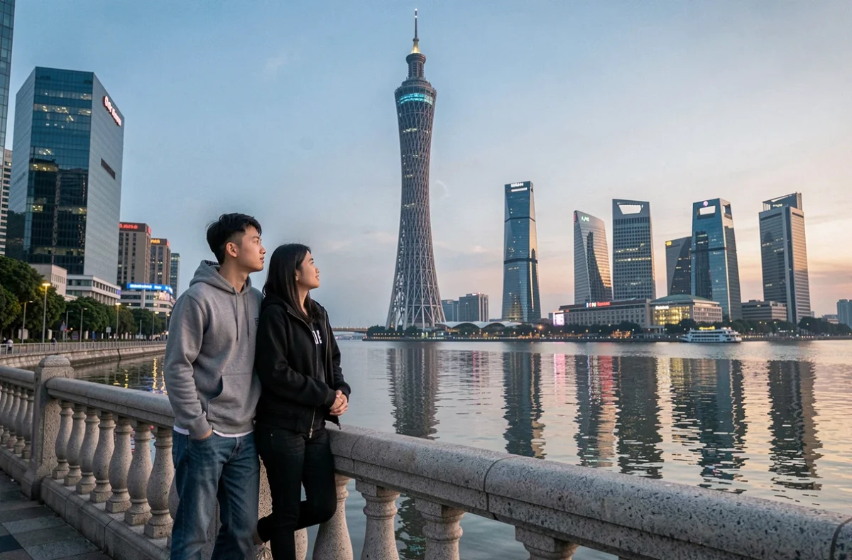 Couple devant la Canton Tower et le front de mer de la rivière des Perles à Guangzhou au crépuscule