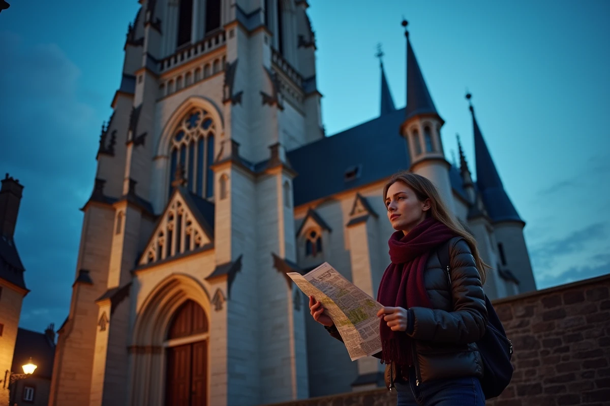 Touriste consultant une carte devant la cathédrale Saint-Julien du Mans en soirée, façade gothique se découpant sur le ciel crépusculaire