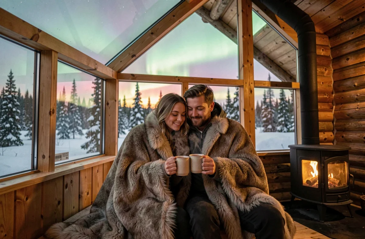 Couple romantique sous les aurores boréales depuis un chalet en verre en Laponie finlandaise