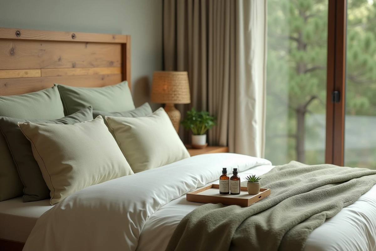 Chambre d'hôtel éco-responsable avec literie en coton bio, bois recyclé et produits de toilette biodégradables