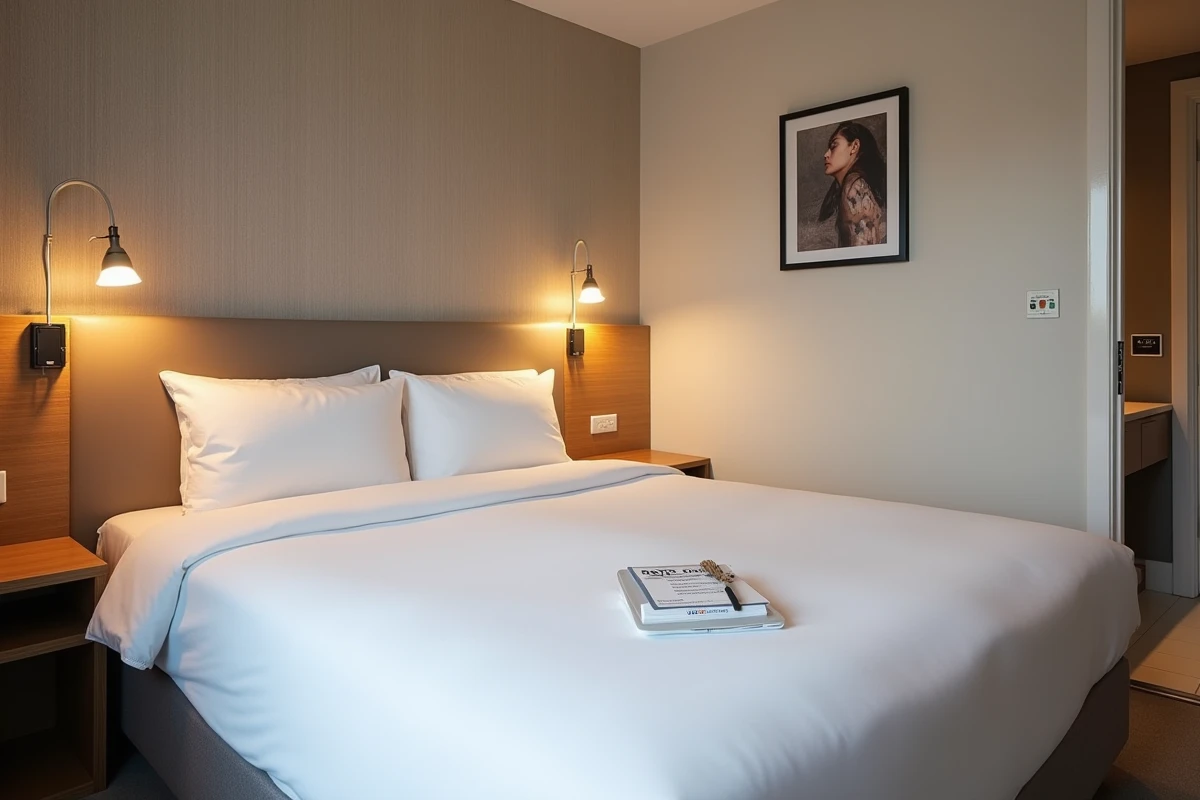 Chambre d'hôtel individuelle avec tarif affiché sur le lit, illustrant le coût d'un supplément single