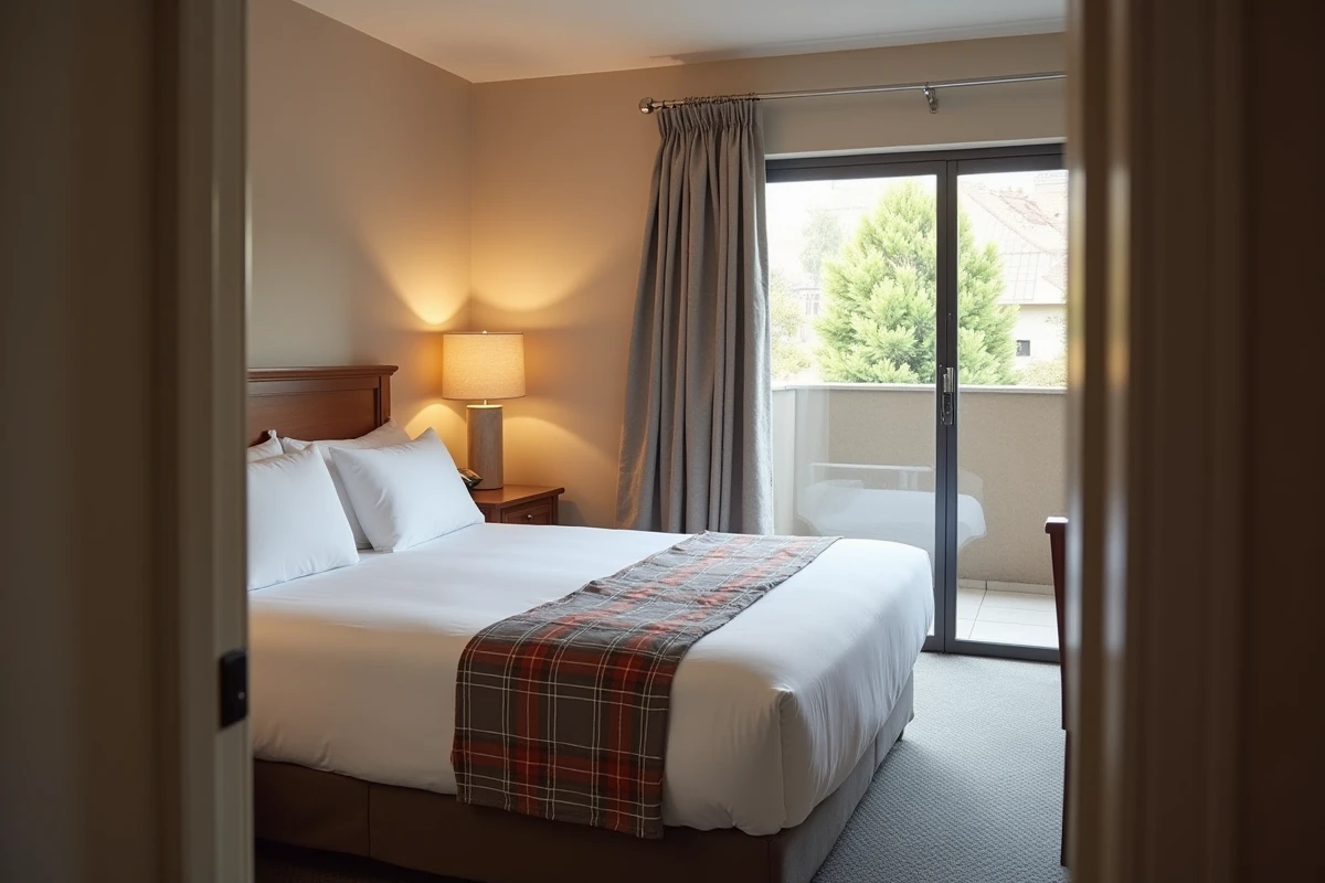 Chambre de motel propre et confortable avec lit double et vue sur cour intérieure