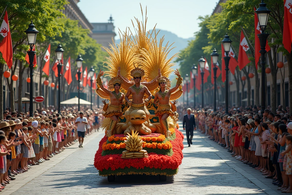 Char de carnaval monumental fleuri et doré avançant dans une avenue historique bondée lors du plus grand festival populaire au monde