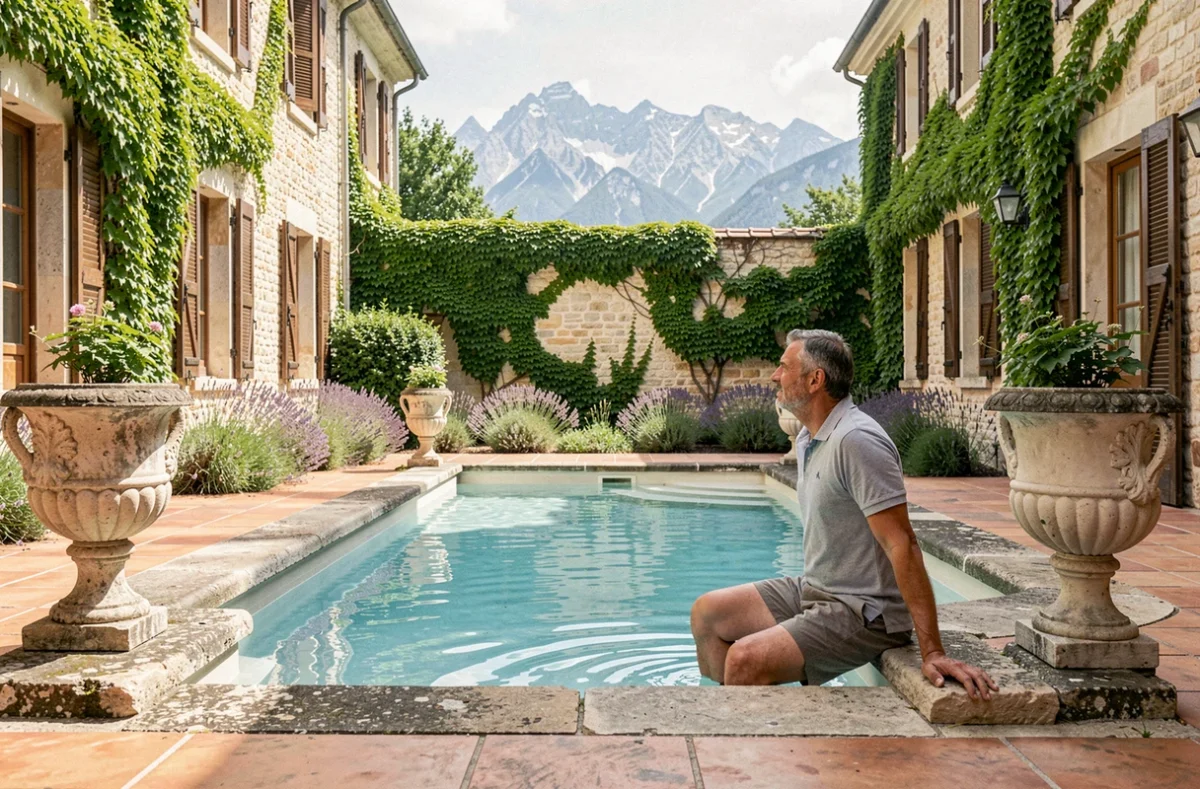 Piscine chauffée du Château de la Commanderie près de Grenoble avec vue sur le massif de Belledonne