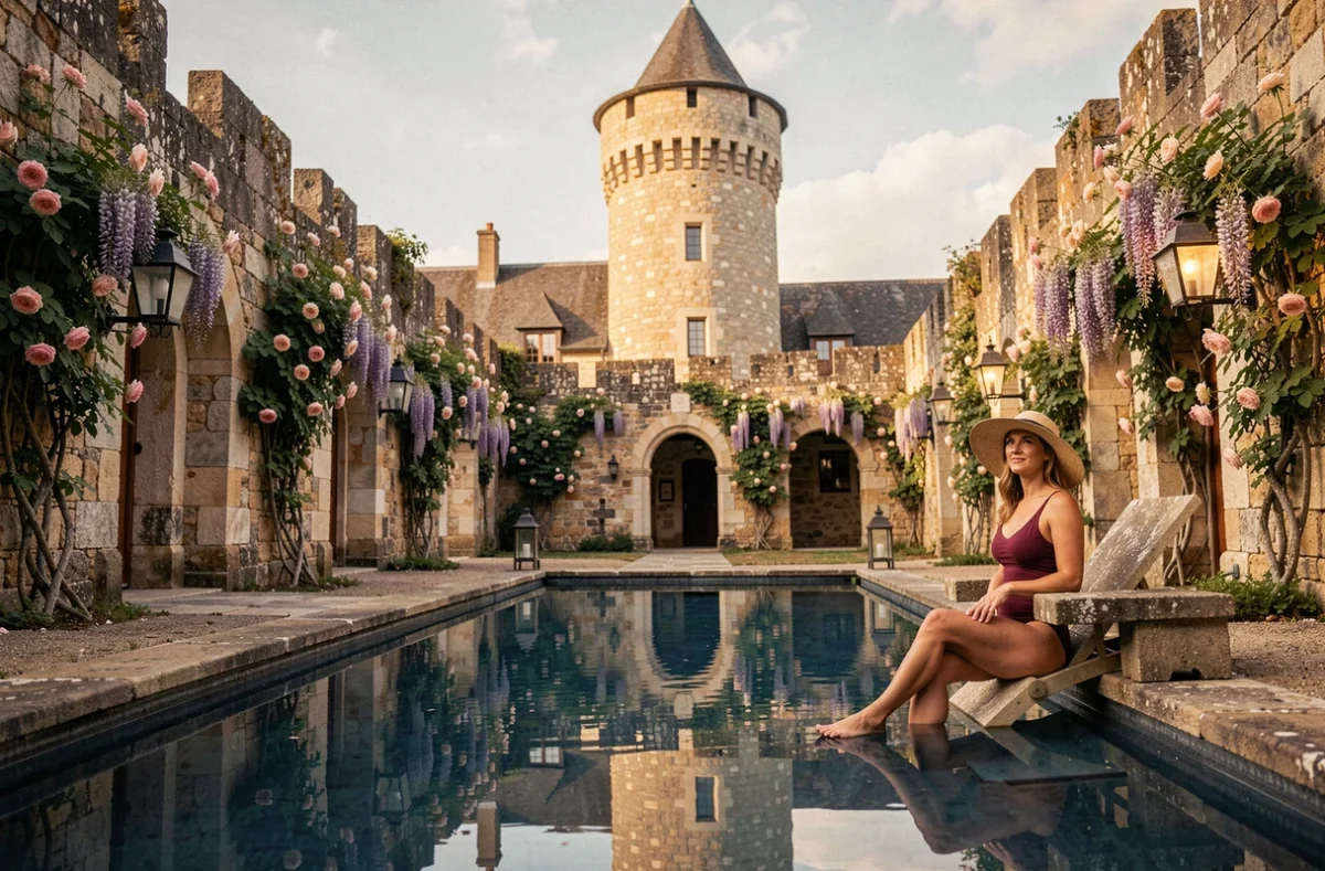 Piscine dans la cour médiévale en pierre volcanique du Château de Codignat en Auvergne avec tour historique