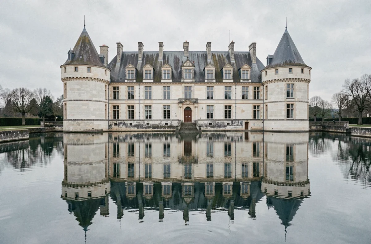 Vue du Château de l'Epinay avec ses tours Renaissance et ses douves en reflet