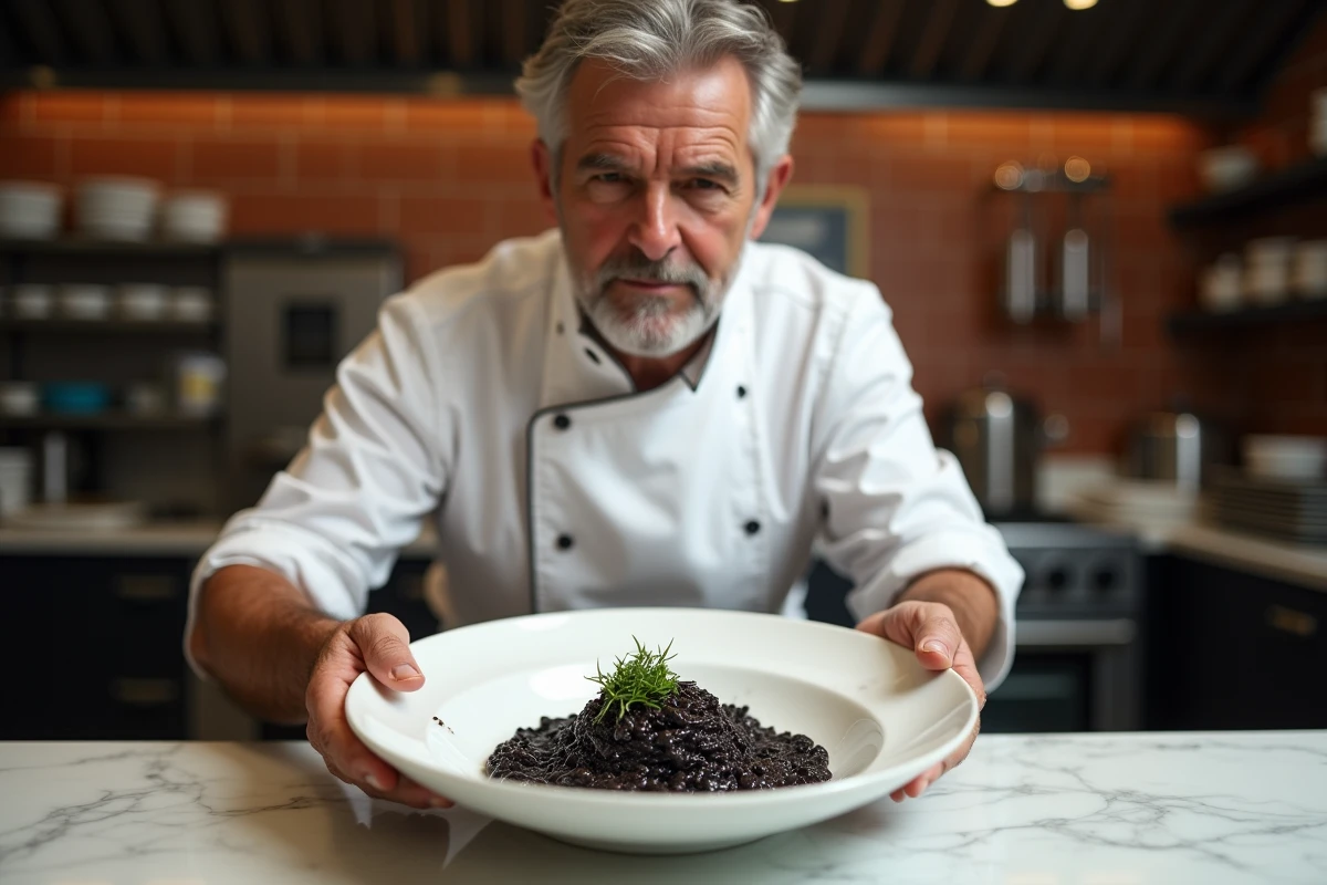 Chef vénitien en tablier blanc dressant un risotto al nero di seppia dans une cuisine de restaurant à Venise