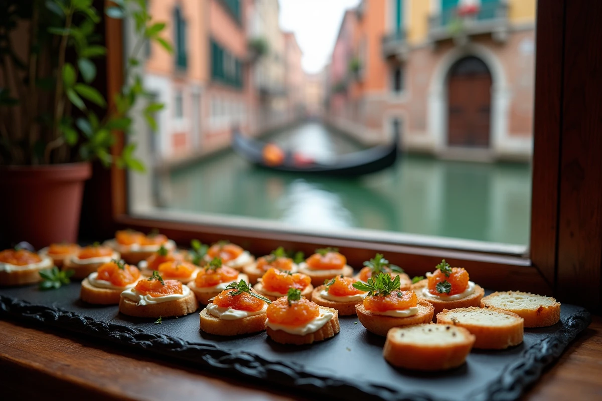 Plateau de cicchetti vénitiens variés sur un comptoir de bar en bord de canal à Venise avec vue sur une gondole