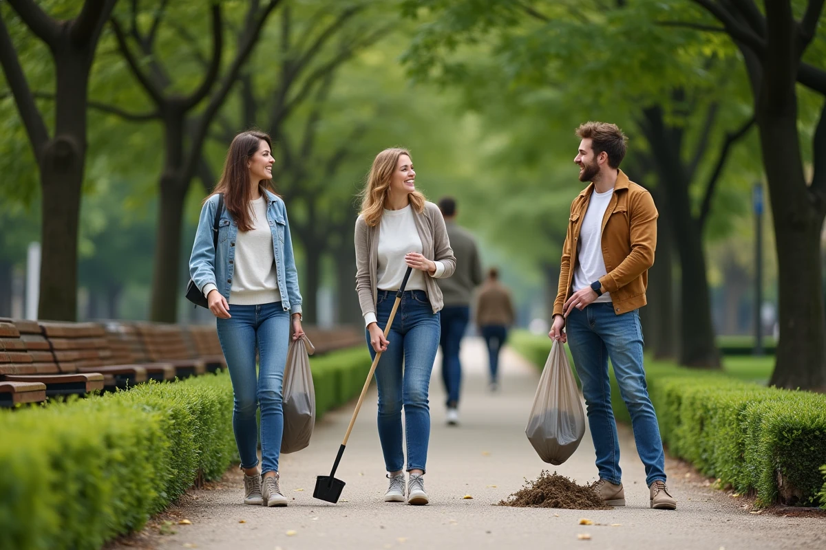 Groupe de citoyens européens participant à une initiative de nettoyage communautaire dans un parc urbain soigné