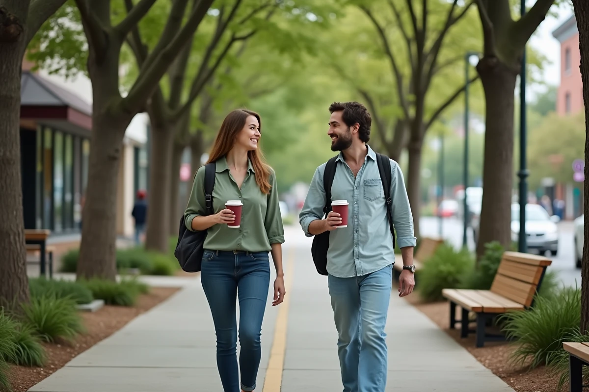 Deux collègues marchant ensemble dans un quartier piéton verdoyant pour illustrer la mobilité douce