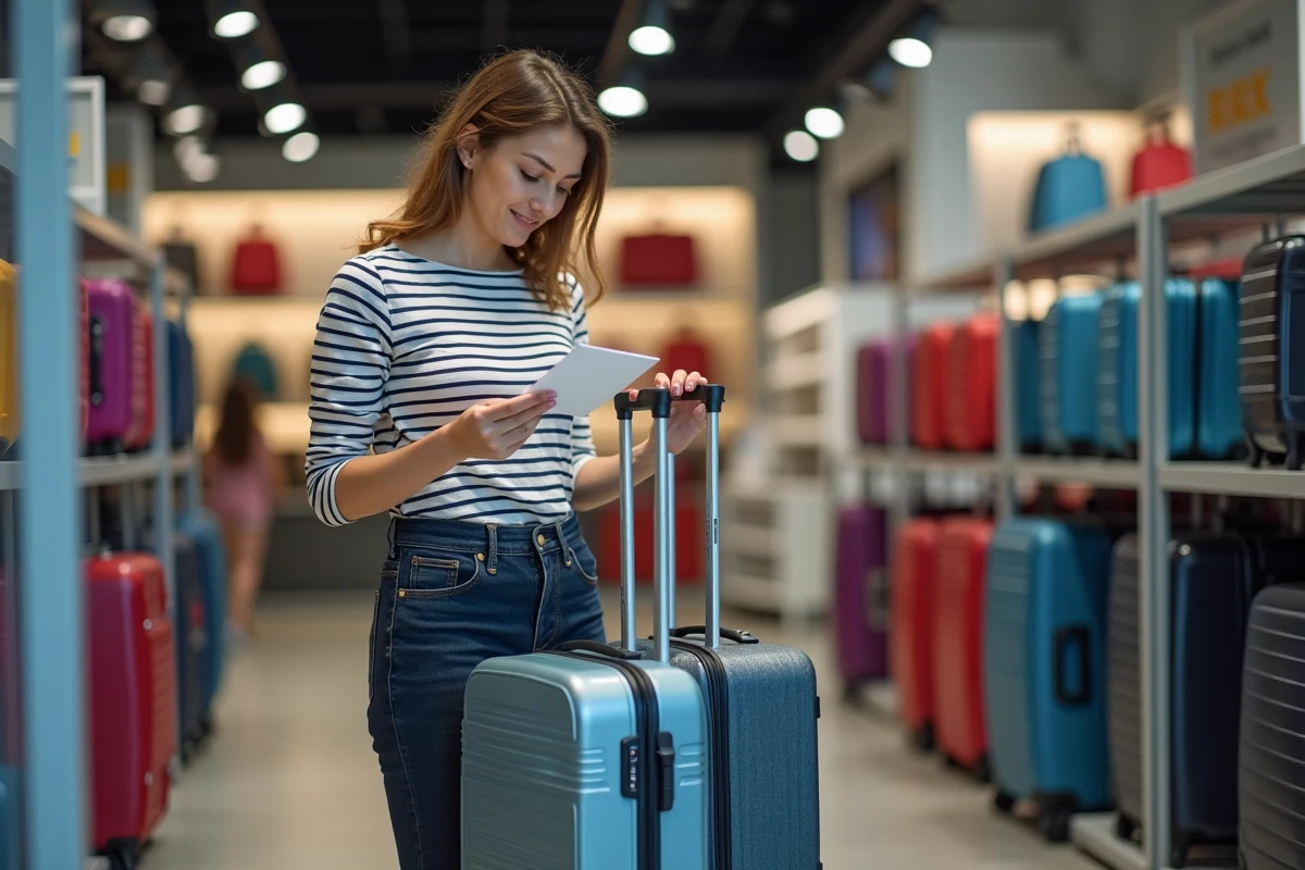 Jeune femme comparant deux modèles de valises cabine compatibles Air France dans un magasin de bagages