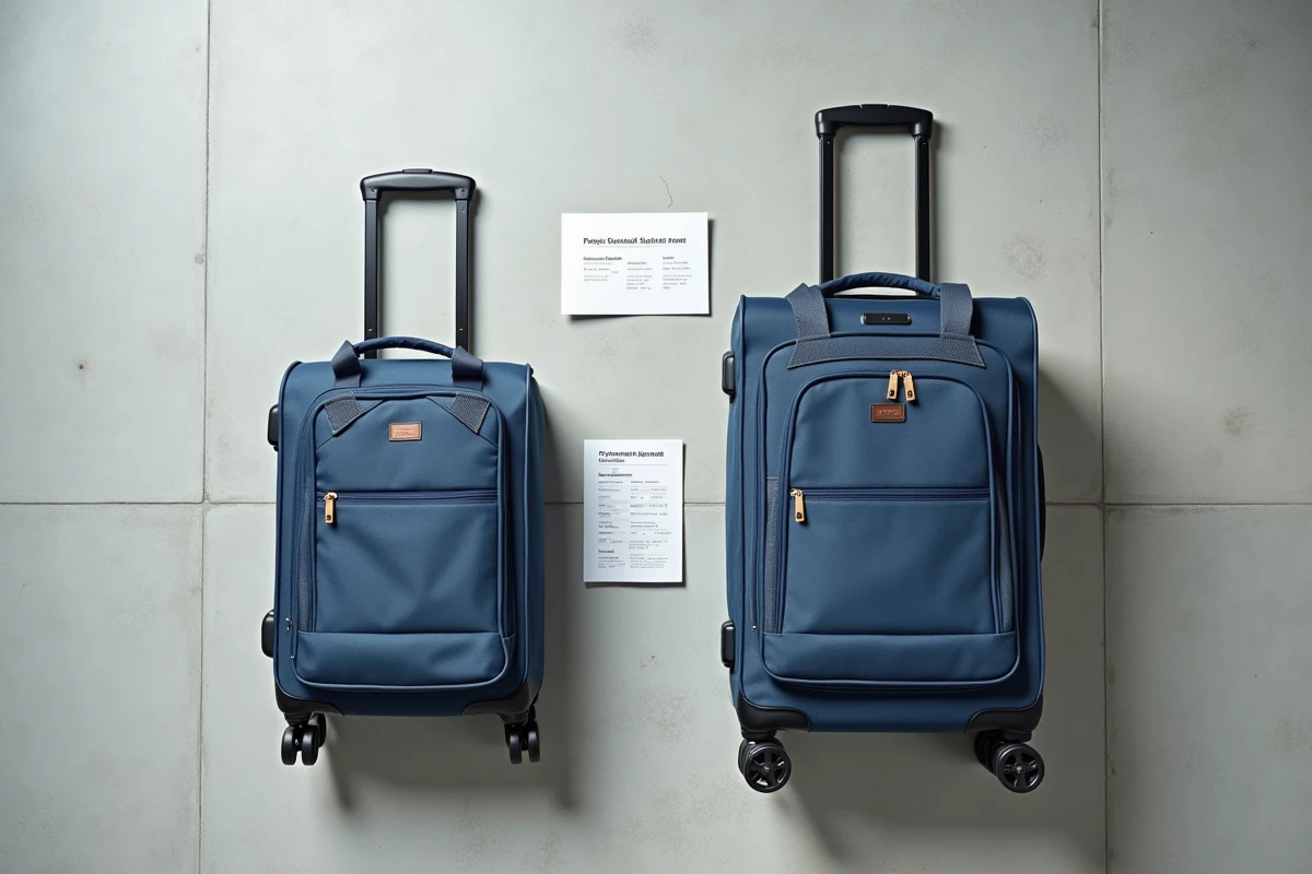 Vue de dessus comparant un bagage cabine à roulettes et un bagage à main personnel posés côte à côte avec un guide de dimensions