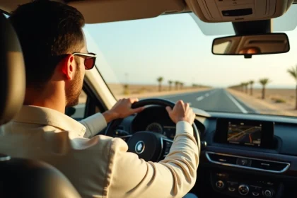 Conducteur tunisien sur l'autoroute entre Monastir et Tunis avec GPS affiché sur le tableau de bord