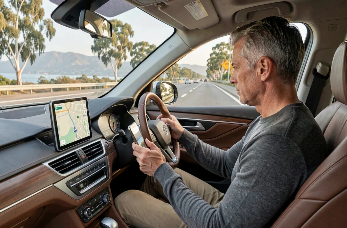 Conducteur consultant un GPS sur smartphone dans un SUV sur une autoroute californienne entre Los Angeles et San Francisco