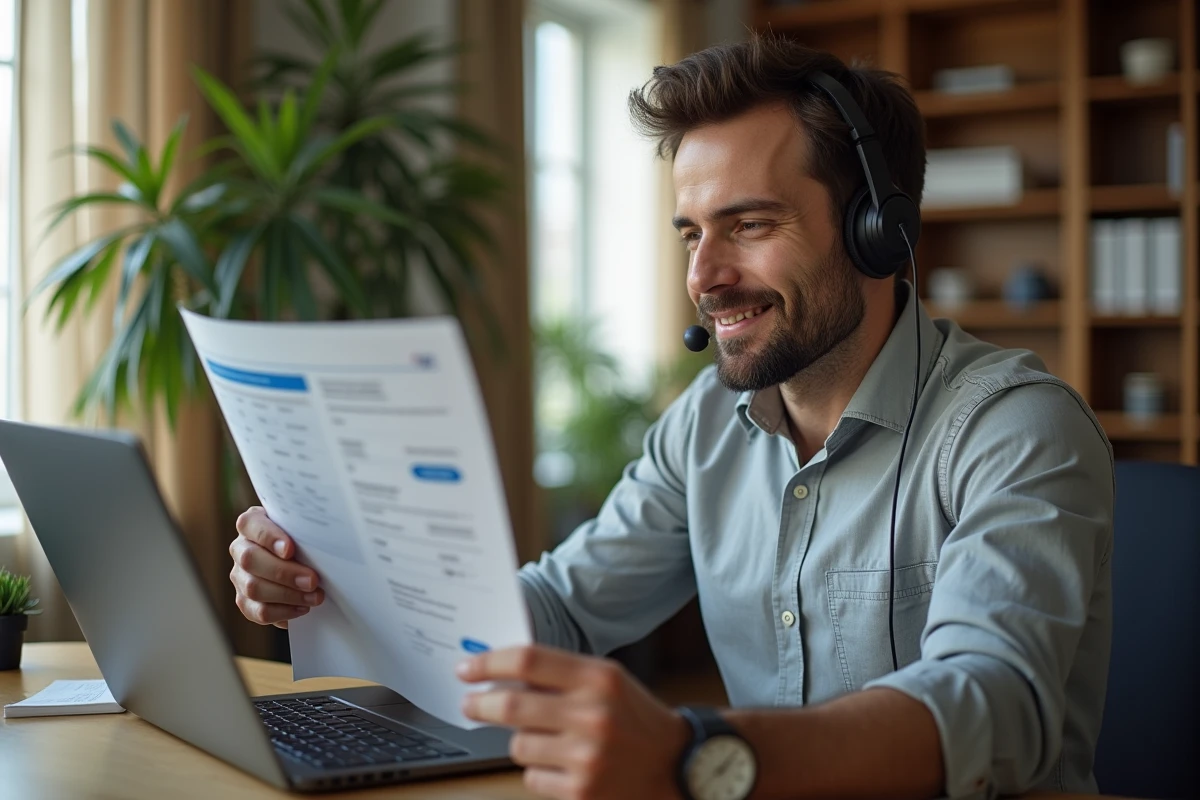 Homme contactant le service client d'une compagnie aérienne depuis son bureau à domicile pour modifier un vol sans frais