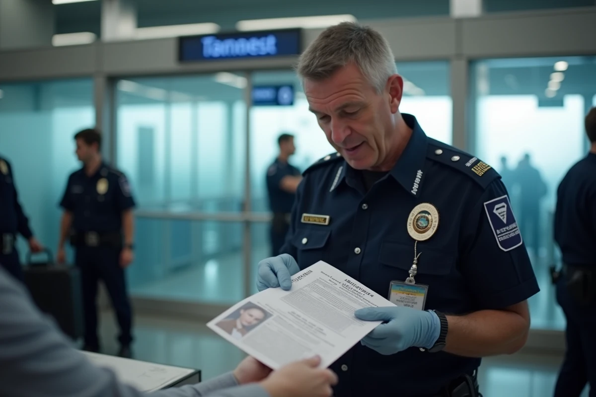Agent de contrôle aux frontières d'un aéroport examinant une photocopie de carte d'identité présentée par un voyageur