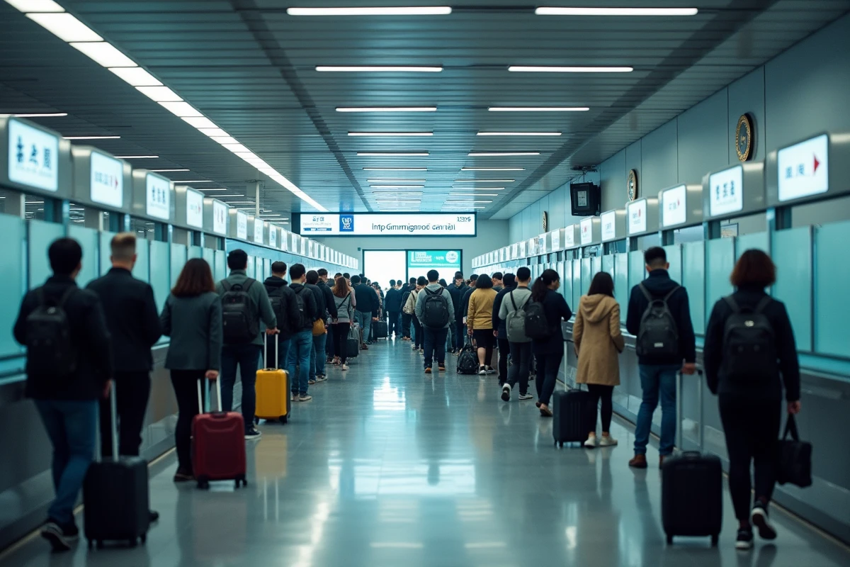 File d'attente de voyageurs au contrôle des passeports à l'aéroport international de Hong Kong
