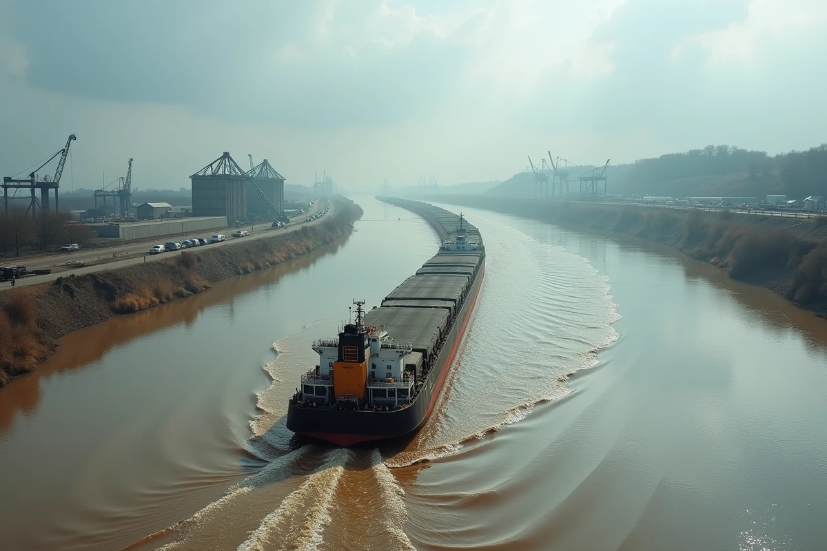 Convoi de barges fluviales chargées de marchandises naviguant sur un grand fleuve bordé de terminaux industriels et de silos à grain