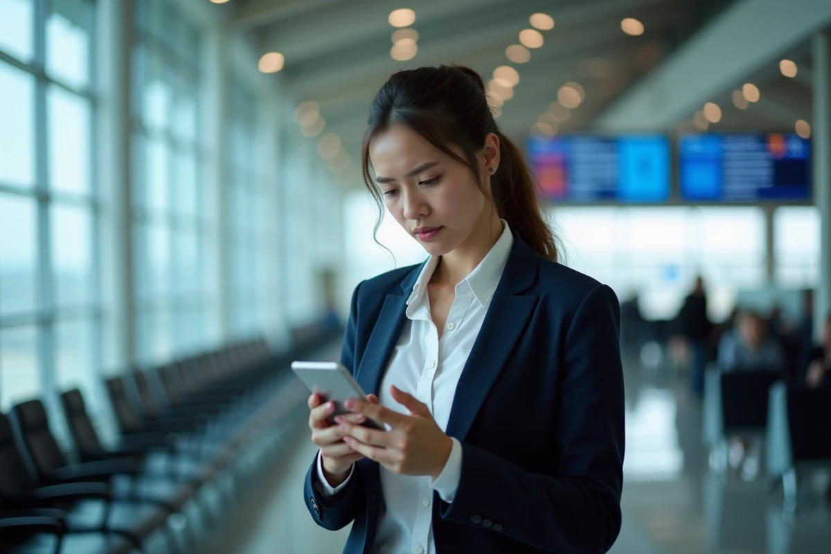 Une jeune femme dans un hall de départ d'aéroport consultant le service client d'une compagnie aérienne sur son smartphone pour corriger un nom sur un billet