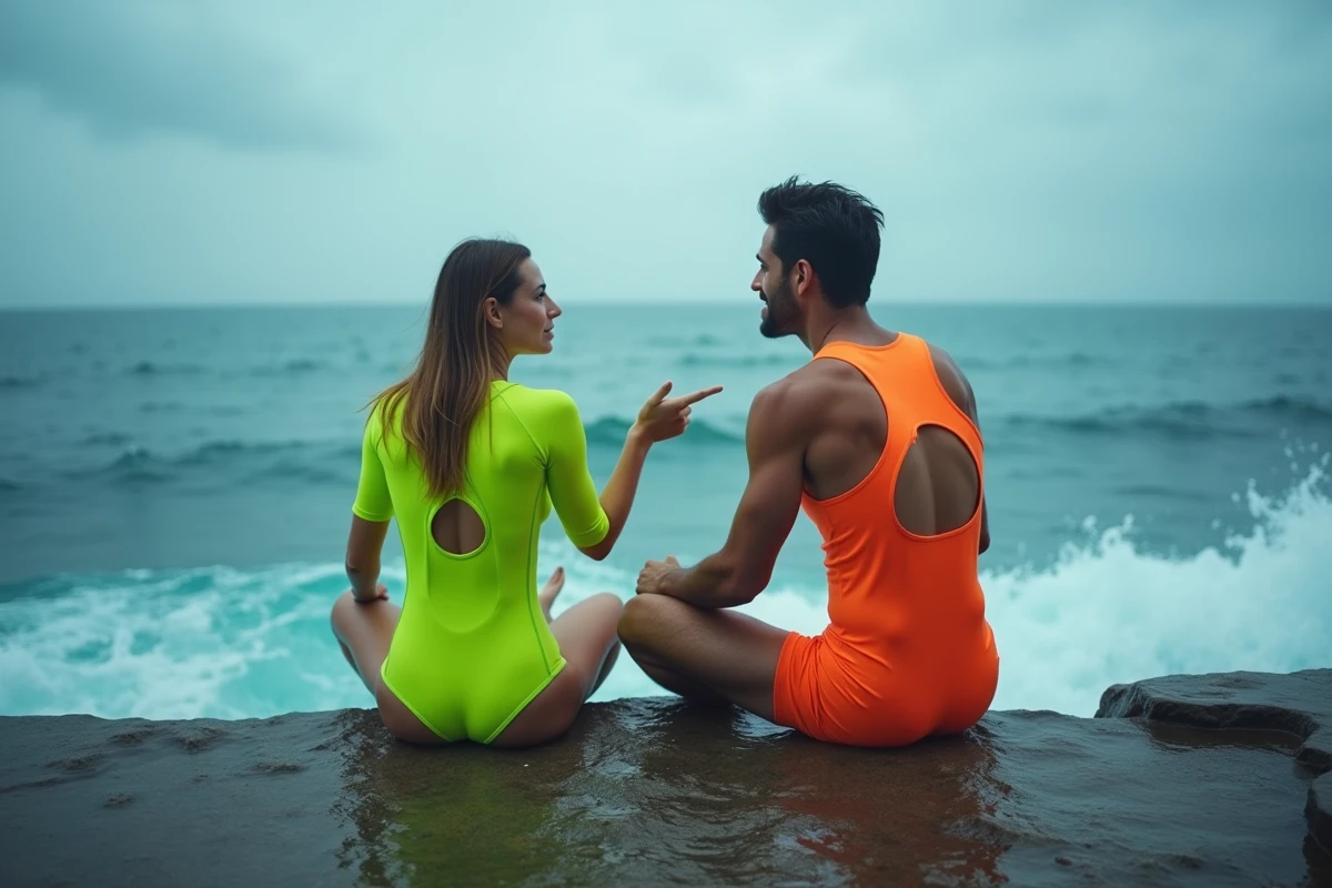 Deux personnes en maillots de couleurs vives sur une jetée rocheuse, comparant les couleurs à éviter pour nager en océan