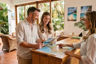 Couple discutant d'un séjour tout compris avec un agent Selectour dans une agence de voyage lumineuse et tropicale