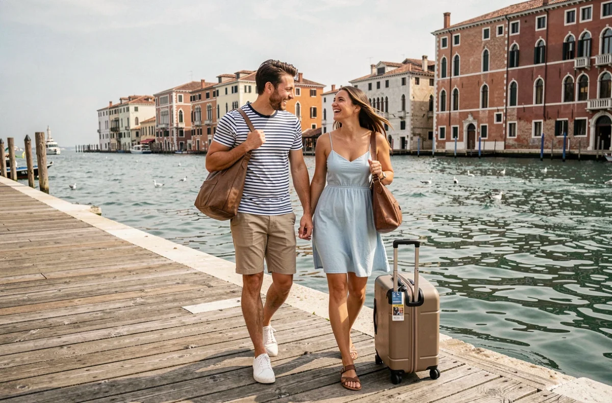 Couple arrivant en vaporetto sur les Zattere à Venise, ambiance de découverte et de premier séjour dans la lagune vénitienne